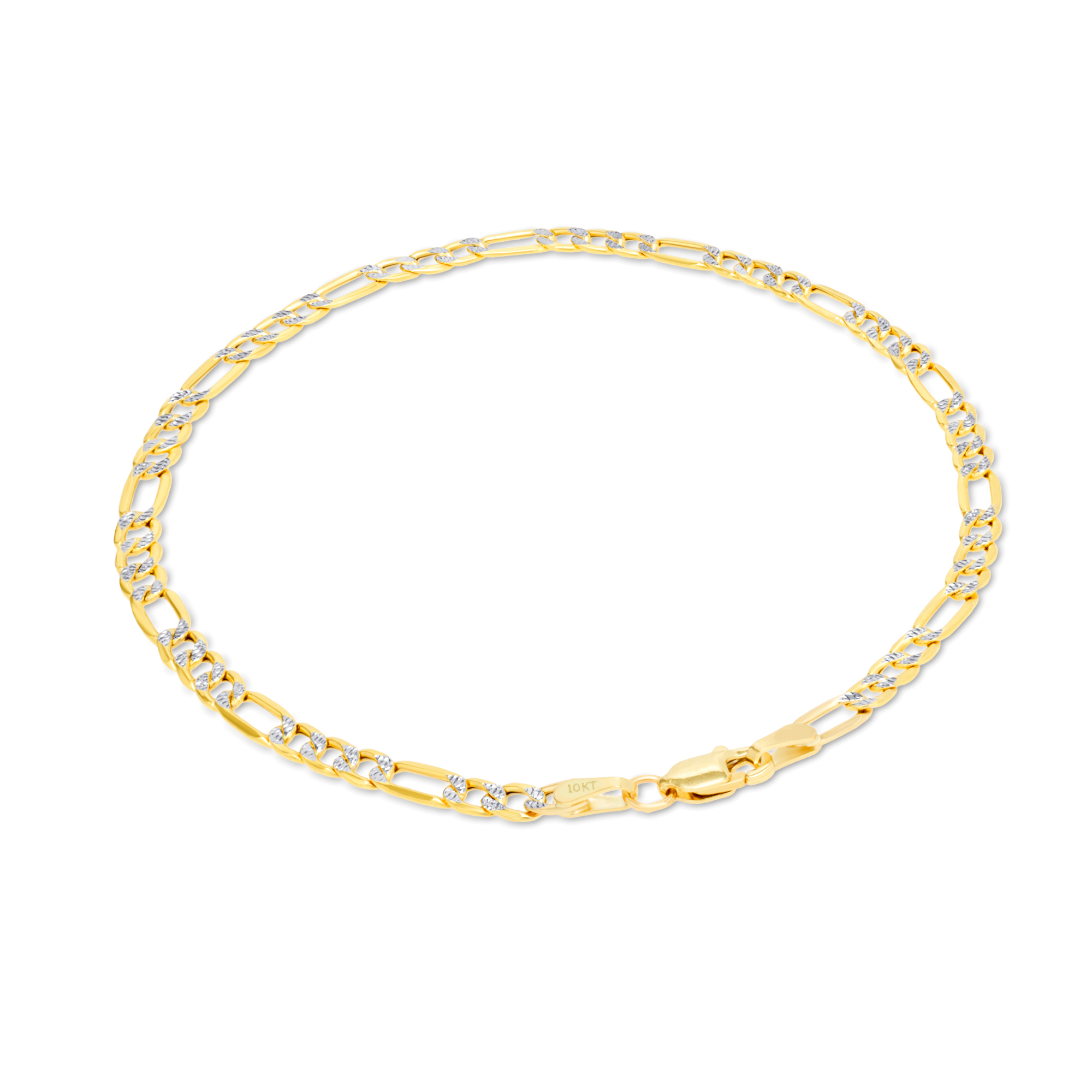 Nuragold 10k Yellow Gold 3.5mm Figaro Chain Link Diamond Cut Pave Two Tone Bracelet or Anklet, Womens Mens Jewelry 7