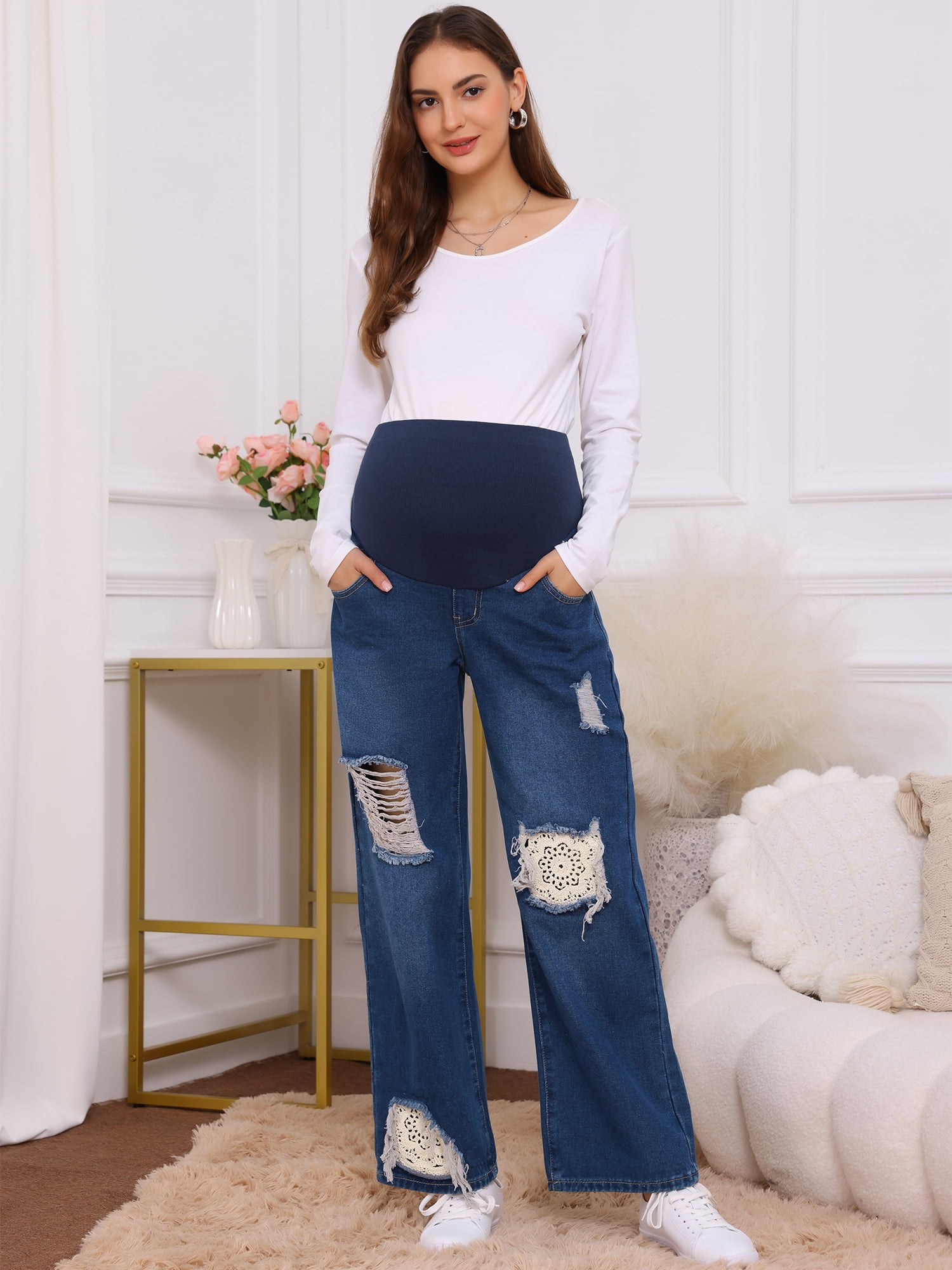 DARING DIVA Women's Maternity Over-the-Belly Ripped Distressed Jeans XL Dark Blue