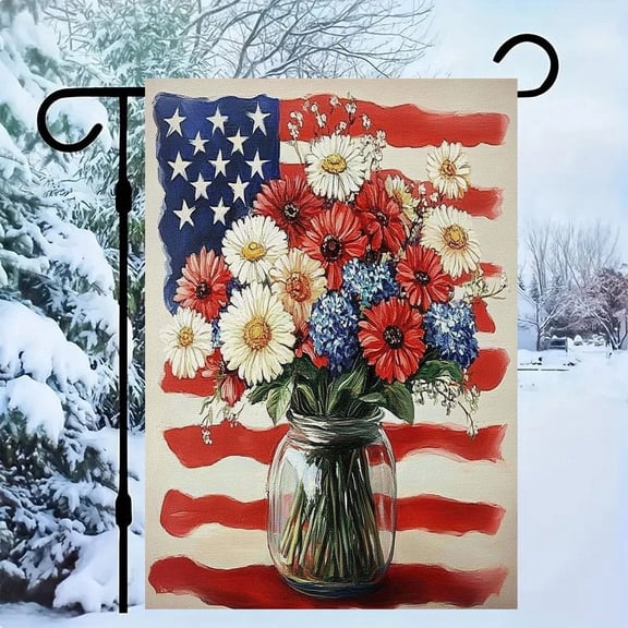 RKSupls Patriotic Linen Double Sided Garden Flag, Independence Day Themed Yard Decor, Flower Vase American Flag Outdoor Banner for Holiday Lawn