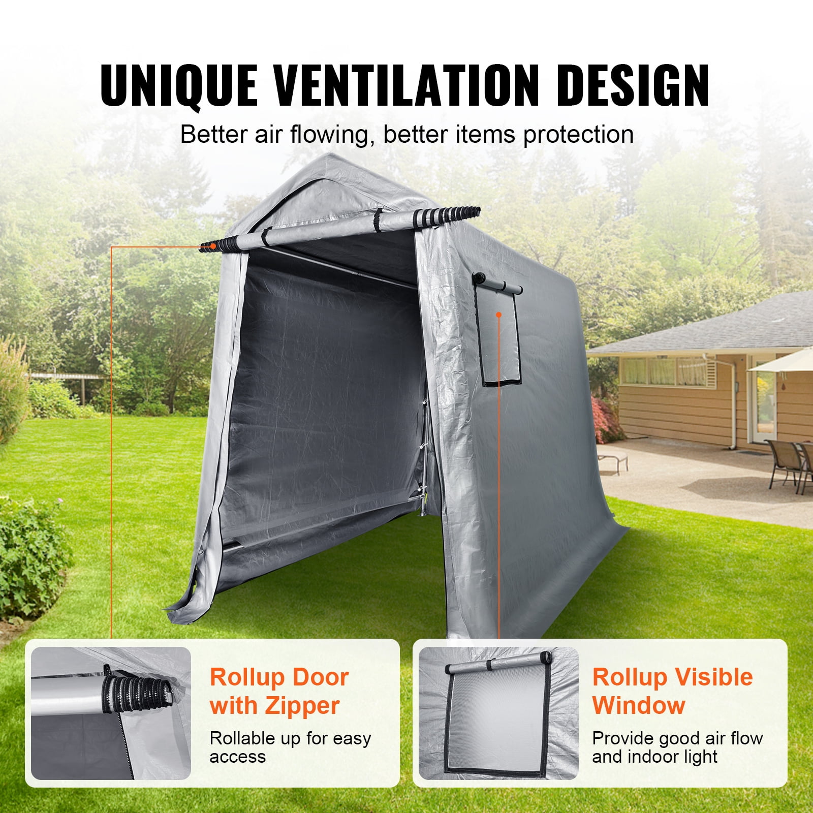 KFFKFF 6 x 8x 7 ft Portable Outdoor Storage Shelter, Heavy Duty Garage Carport Shed Waterproof Storage Tent for Motorcycle, Boat or Garden Tools with Roll up Zipper Door & Vents, Grey