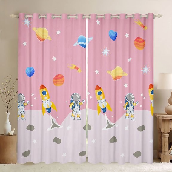 Homewish Cute Astronaut Black Out Curtains,Cartoon Rocket Curtains Pack of 2 (42x63 Each),Colorful Planet Bedroom Curtains For Boys Girls,Super Cozy Room Decor