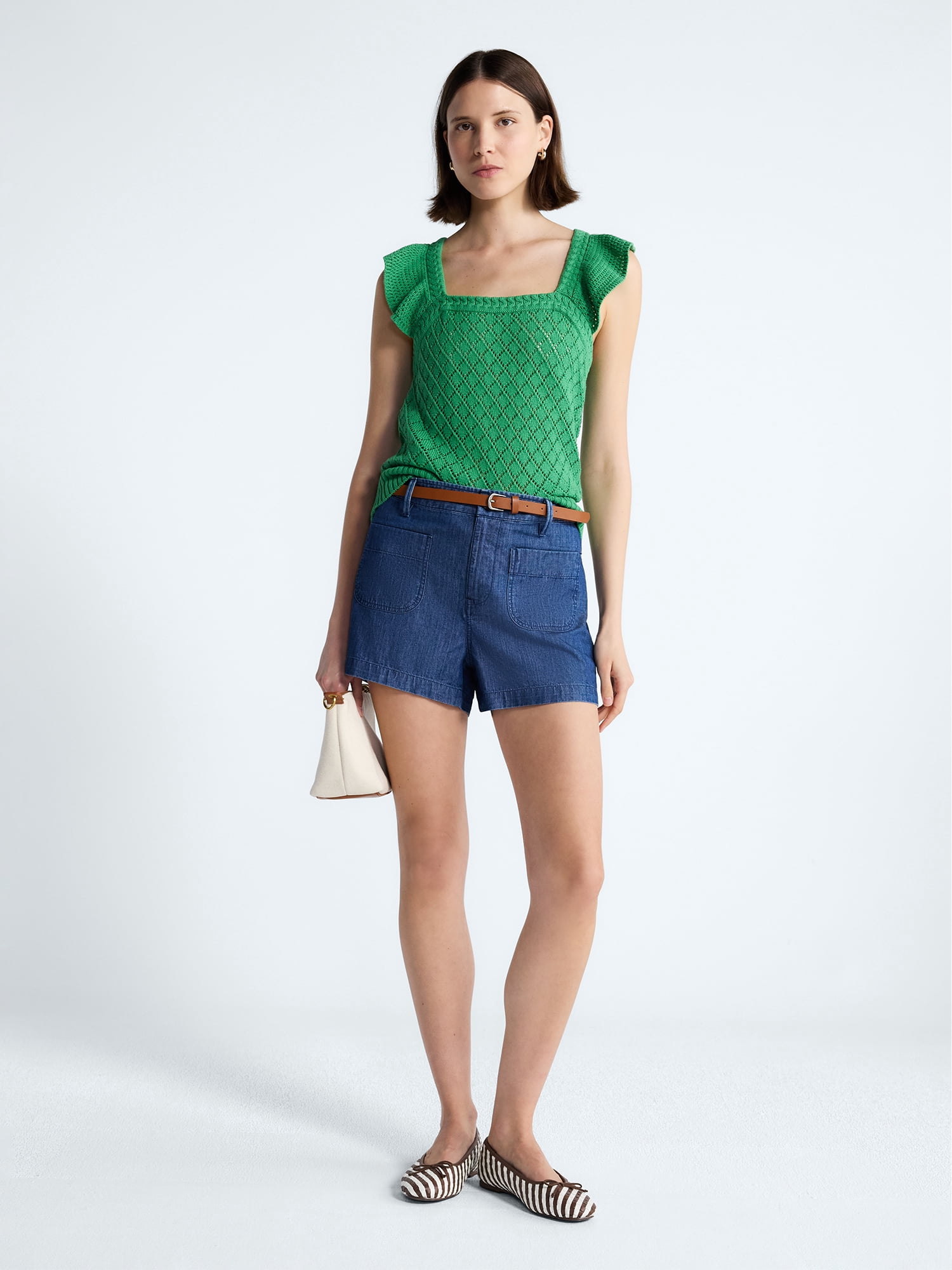 Free Assembly Women's and Women's Plus Square Neck Cotton Sweater with Flutter Sleeves, Sizes XS-4X