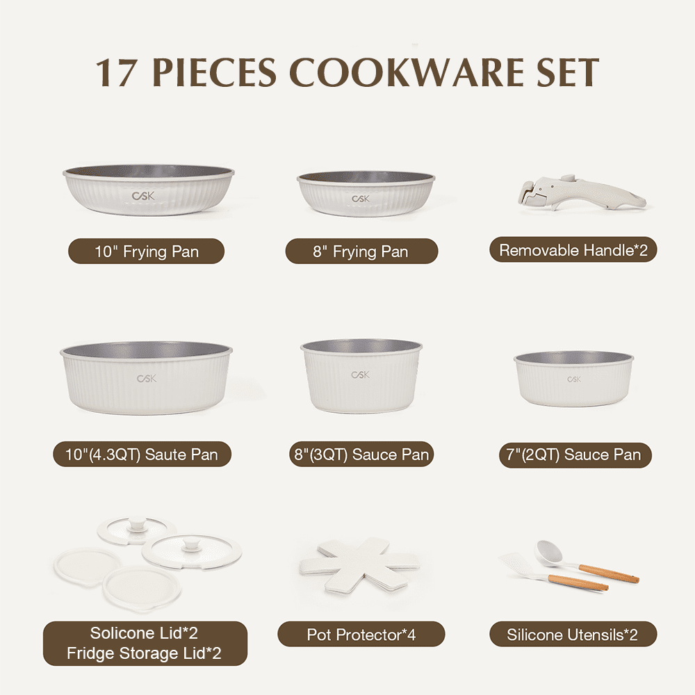 Koch Systeme CS 17-Piece Pots and Pans Set Non Stick, Nonstick Ceramic Cookware Set Detachable Handle, Induction Kitchen Pot and Pan Set, Non Stick with Removable Handle, RV Cookware Set, Cream White