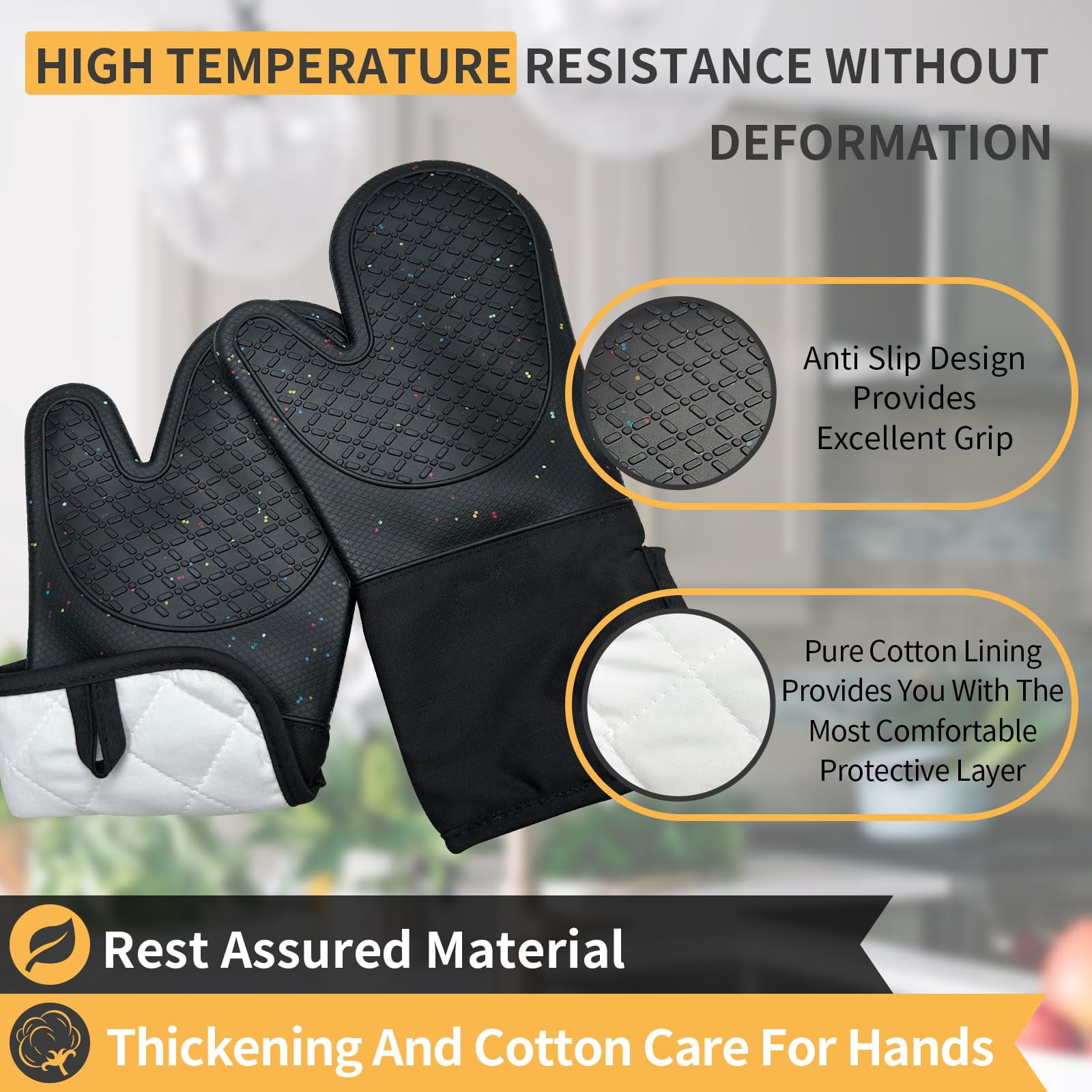 Oven Mitts Black 4 Heat Resistant Silicone Kitchen Baking Gloves
