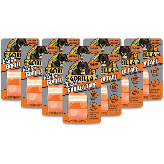 Gorilla Crystal Clear Duct Tape, 1.88" x 5 yd, Clear, Pack of 10