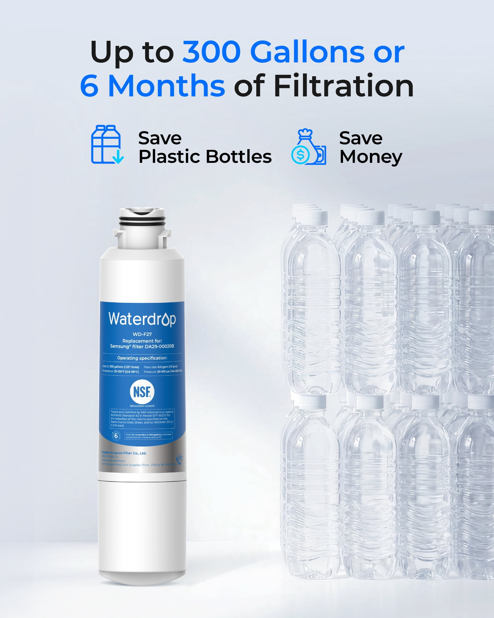 Waterdrop F27 Refrigerator Water Filter, Replacement for Samsung® DA29-00020B ,HAF-CIN/EXP, DA29-00020A/B,  RF263BEAESR, RF28HMEDBSR, RF263TEAESG, RF4287HARS,2 pack