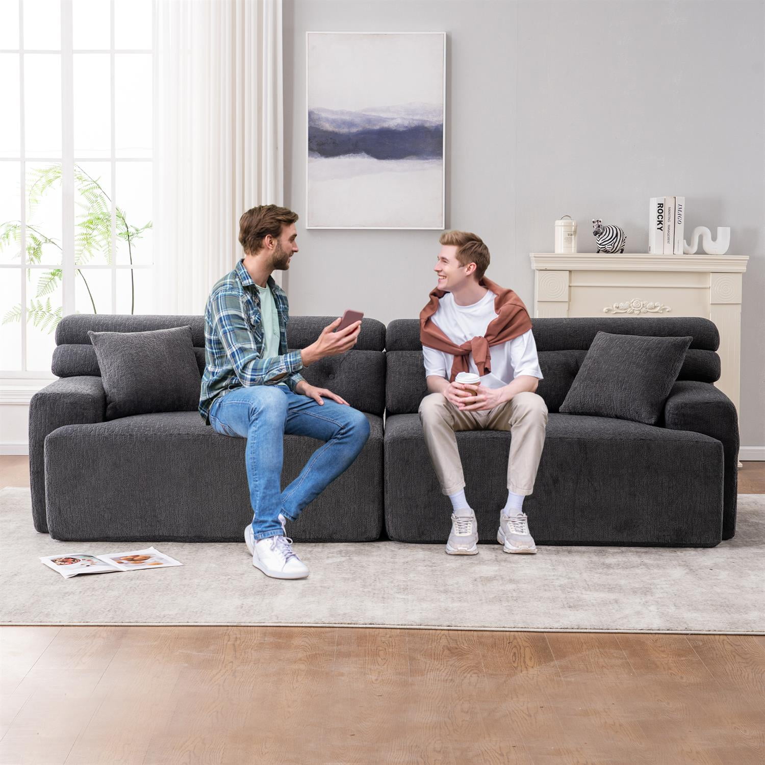 Demi Bonn 103" 4-Seater Compression Sofa Couch with Wood Grain Chenille Fabric, Full Sponge Cushion and 2 Cozy Pillows for Living Room, Gray