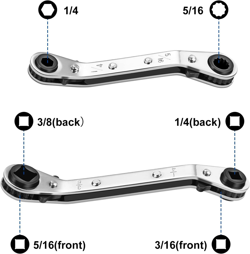 Hvac Service Wrench, Refrigeration Service Wrench Set, 3/8” to 1/4”, 5/16'' x 1/4'' Ratcheting Service Wrench with Hex Bit Adapter for Air Conditioning, Refrigeration Equipment,Equipment Repair