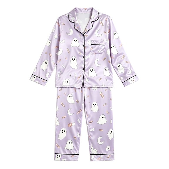 LILIYA Halloween Pajamas Pumpkin Ghost Pajama Set Soft & Cute Long Sleeve Button Down Shirt Pants Fall 2 Piece Satin Pjs 2026 2-3 Years