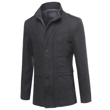 FashionOutfit Men s Classic Zipper & Button Closure Shoulder Boards Wool Blend Coat