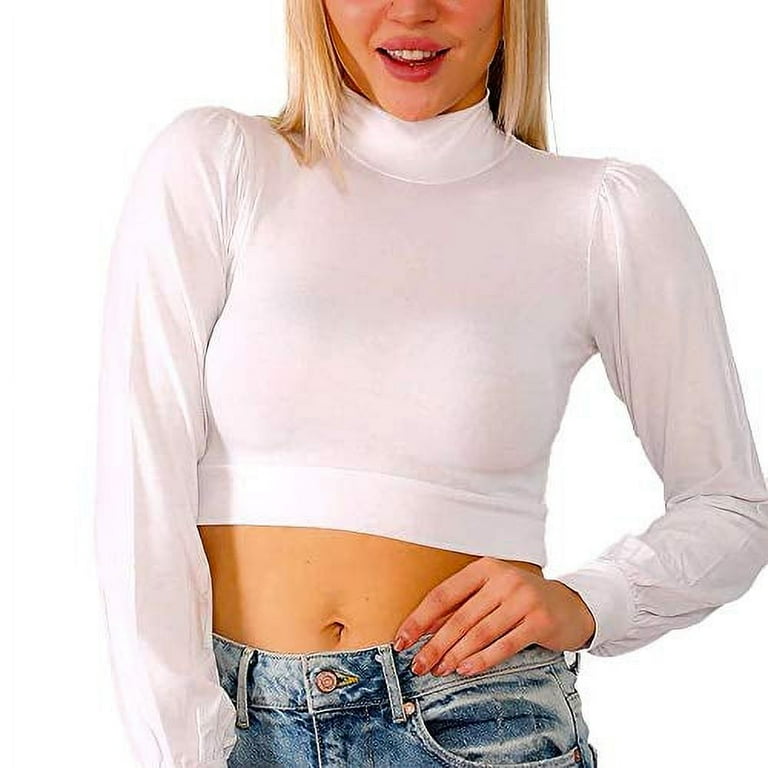 U-Wear Women’s Puff Sleeve Mock-Turtleneck Crop Top Blouse
