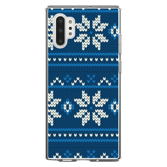 DistinctInk Clear Shockproof Hybrid Case for Galaxy Note 10 PLUS (6.8" Screen) - TPU Bumper, Acrylic Back, Tempered Glass Screen Protector - Blue White Ugly Hannukah Sweater