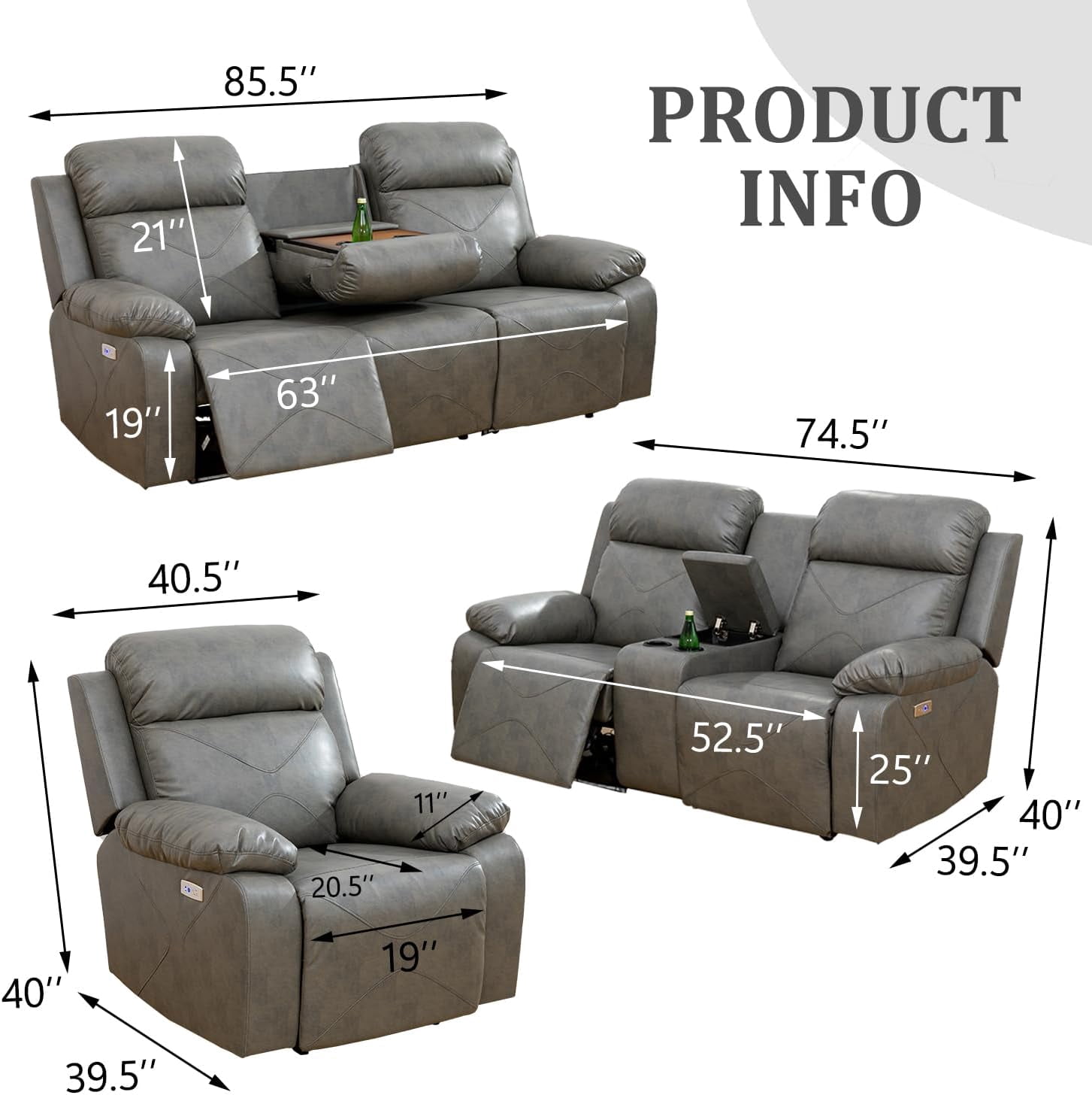 PonLiving Power Leather Recliner Loveseat with LED Lights,with USB Port/Storage Console/Cup Holders. Grey