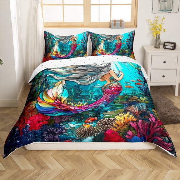 Erosebridal Princess Mermaid Comforter Cover Twin,Marine Animal Bedding Twin Size,Ocean Theme Decor,Reversible,2-Piece(No Comforter)