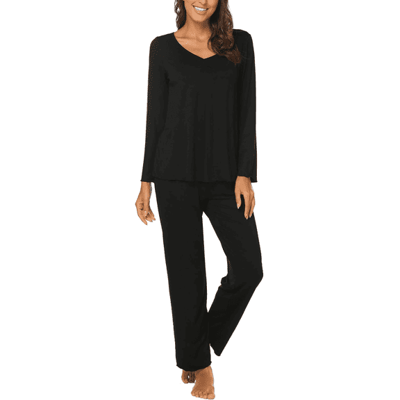 WQD Womens Pajama Sets 2 Piece Lounge Sets V Neck Long Sleeve Loungewear Comfy Pj Sets Top and Pants Soft Loose Sleepwear for Fall Winter Spring