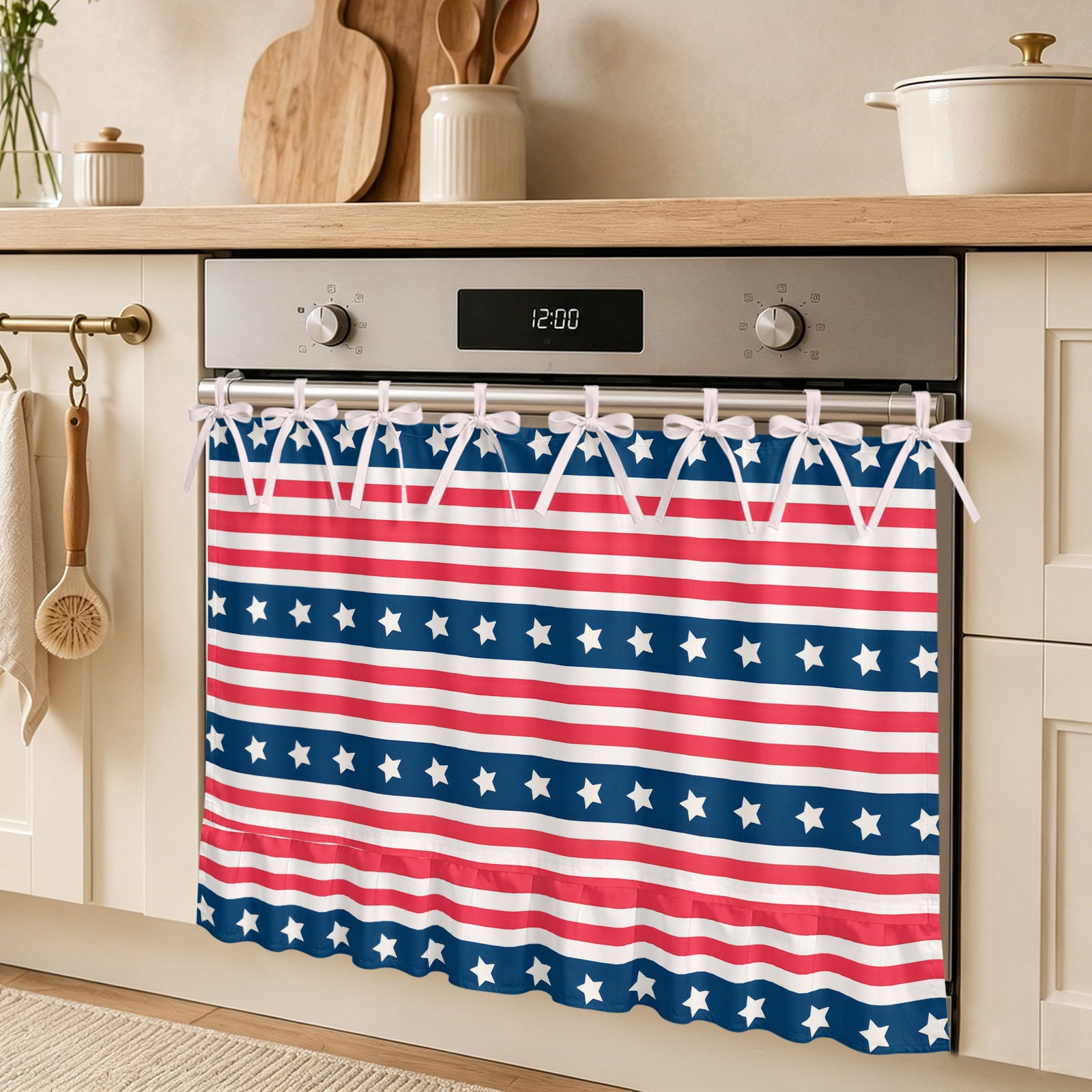 Independence Day Oven Skirt Curtain Watercolor Red White Blue Stripes White Tie Top Tier Curtains Stove Dishwasher Skirt Small Window Drapes for Kitchen Bathroom Cafe 27 x20