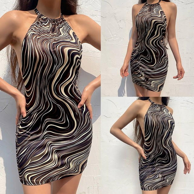 FcBaudy Robe Sans Manches Col Rond, Robes d'Été pour Femmes, Robes Mode Femmes Imprimé Asymétrique Robe Débardeur Courte Basique Midi Boîte de Nuit Robe Femmes