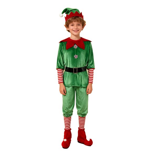 KHONTS Kids Christmas Elf Holiday Outfits Dress and Hat Sock,5 Piece