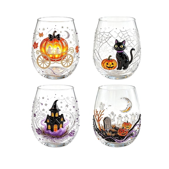 Halloween Stemless Wine Tumbler, Spooky Haunted House Ghost Black Cat Pumpkin Carriage Glass Cup, Indoor Outdoor Halloween Decorations, Clear Cocktail Drinkware for Party Table Decor Holiday Gift