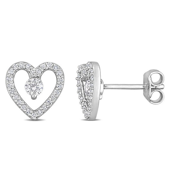 AMOUR 1/3 CT TGW White Topaz and 1/5 CT TDW Diamond Open Heart Stud Earrings In Sterling Silver