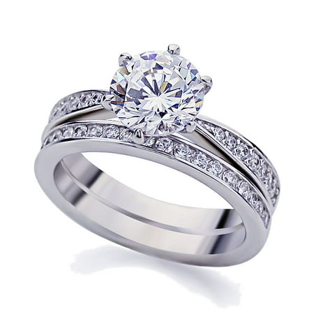 Platinum Vintage Ring - Men Women Platinum Plated Sterling Silver 2ct Round CZ Vintage 2pcs Engagement Ring Bridal Set ( Size 5 to 9 )