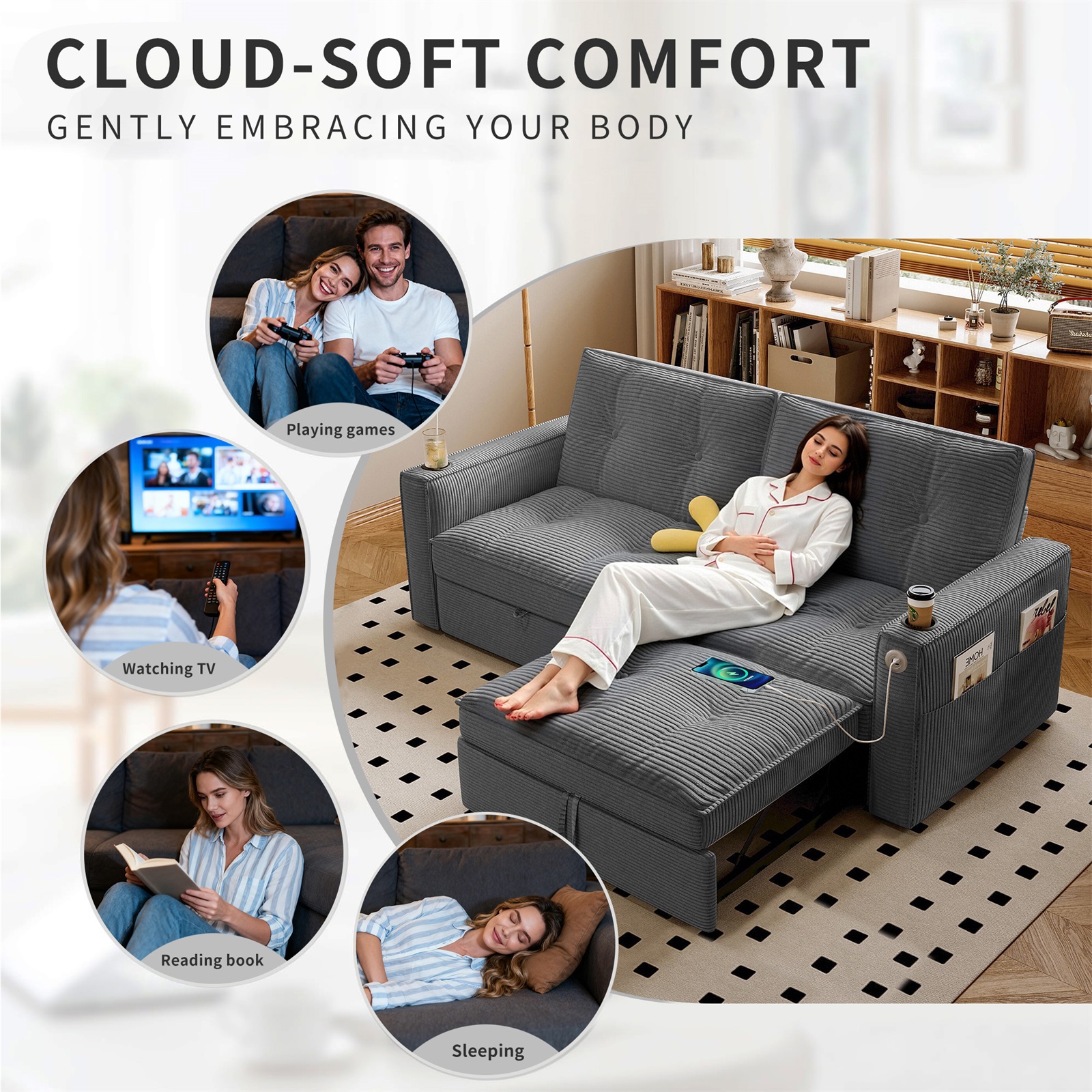 Hommoo 70" Convertible 2-in-1 Pull Out Couch Bed, Multi-Functional Corduroy Loveseat Sleeper Sofa Bed, Gray