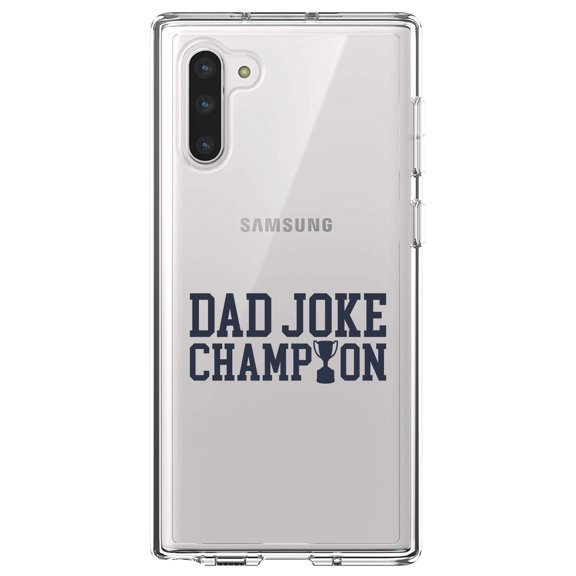 DistinctInk Clear Shockproof Hybrid Case for Samsung Galaxy Note 10 (6.3" Screen) - TPU Bumper Acrylic Back Tempered Glass Screen Protector - Dad Joke Champion Trophy