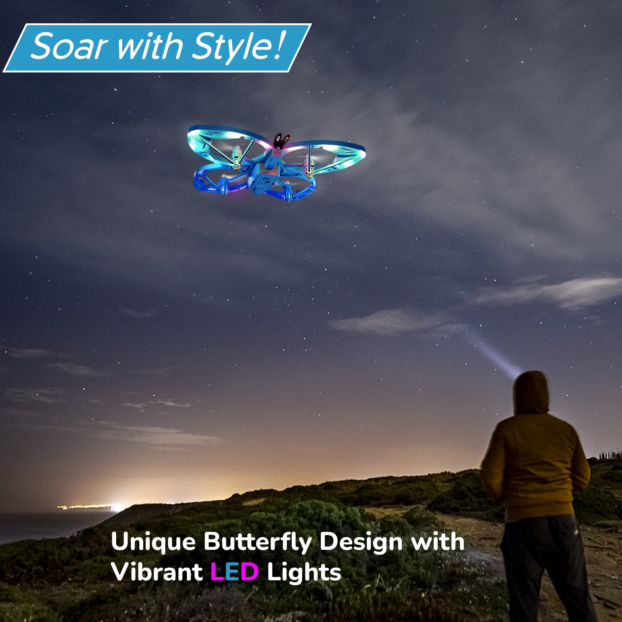 Contixo Drones for Kids, Kids Drone with LED Lights, Altitude Hold, and 14-Min Flight, Blue Butterfly