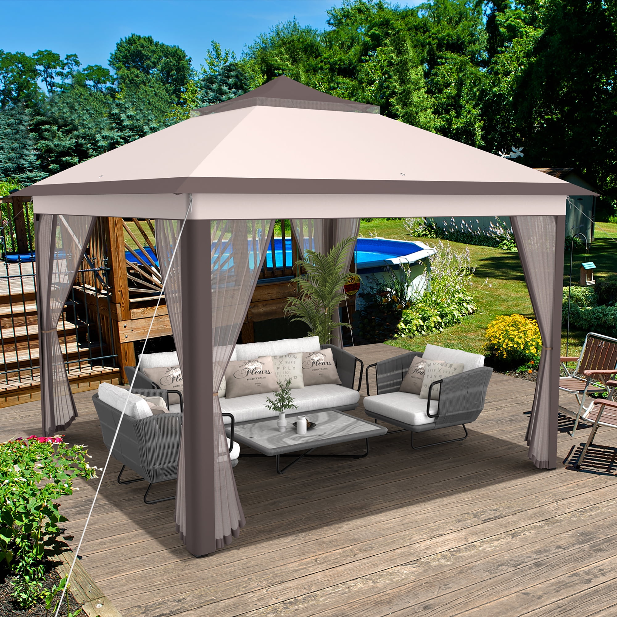 Costway 11'x11' 2-Tier Pop-Up Gazebo Tent Portable Canopy Shelter Carry Bag Mesh Beige