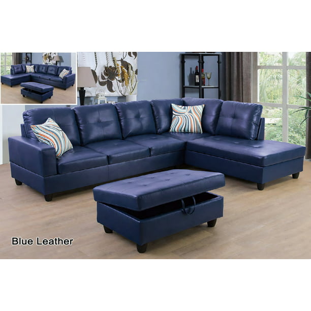 Blue Leather L Shaped Sofa Sets, Dark Blue Leather Sectional Sofa