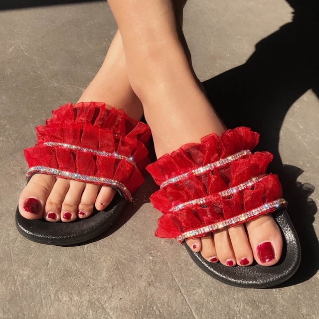 Moda mujer tobillo correa encaje verano diapositiva sandalias planas chanclas Shose Wmkox8yii hj789