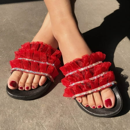 

Summer Savings! Zpanxa Slippers for Women Fashion Women Ankle Strap Lace Summer Slide Sandals Flats Flip-Flops Shose Flip Flops for Women Red 41