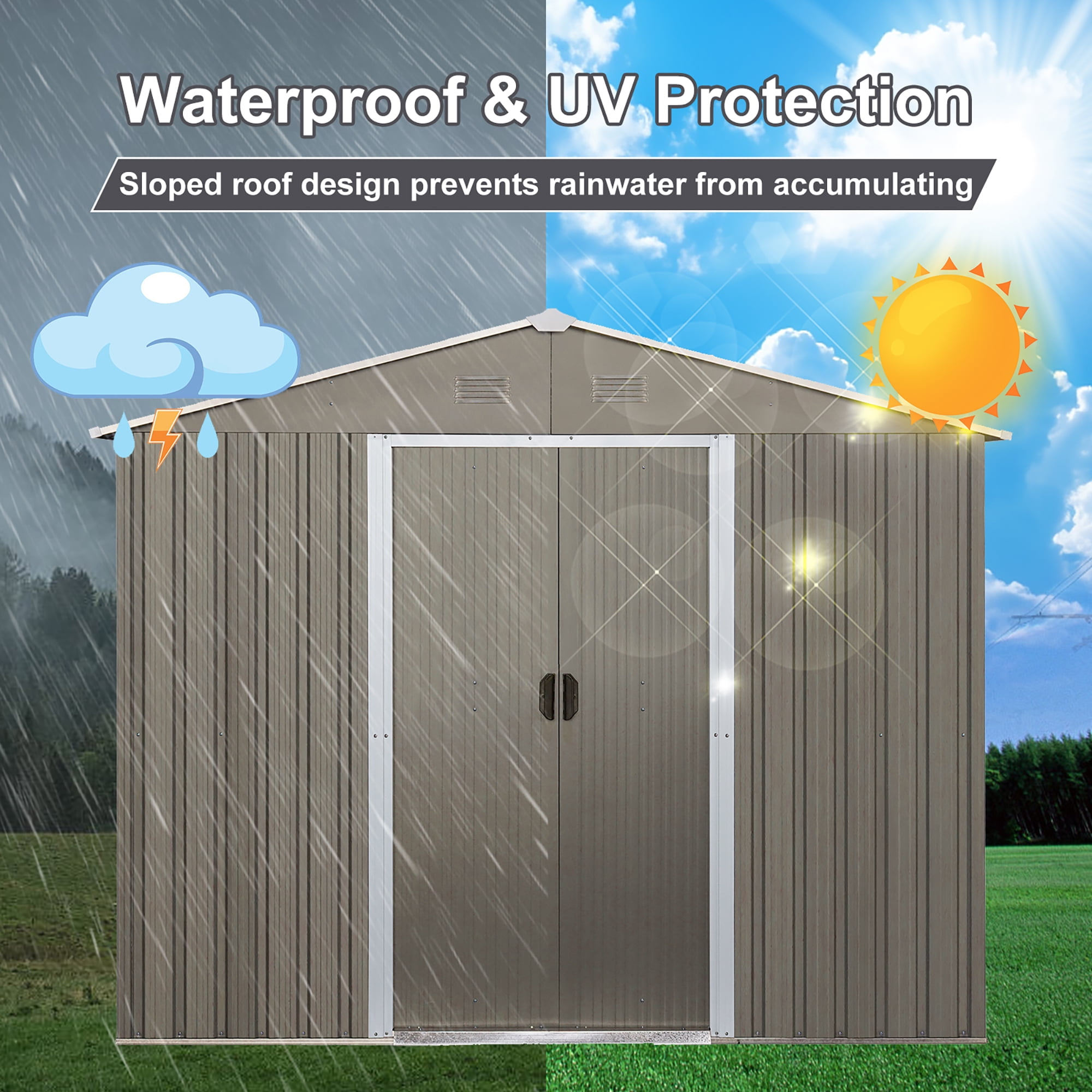Aimee Lii 88" x 114" Outdoor Metal Storage Shed, Utility Tool Shed Storage House, Metal Sheds for Backyard Garden Patio Lawn, Gray Aimee Lii 88" x 114" Outdoor Metal Storage Shed, Utility Tool Shed Storage House, Metal Sheds for Backyard Garden Patio Lawn, Gray