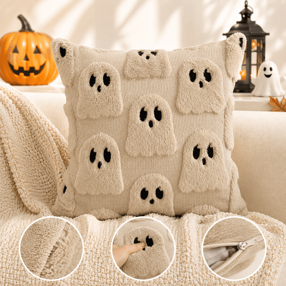 Halloween 3D Ghost Throw Pillow Cover, 18x18 Cute Tufted Knit Decorative Cushion Case for Sofa Couch, Spooky Autumn Fall Home Decor