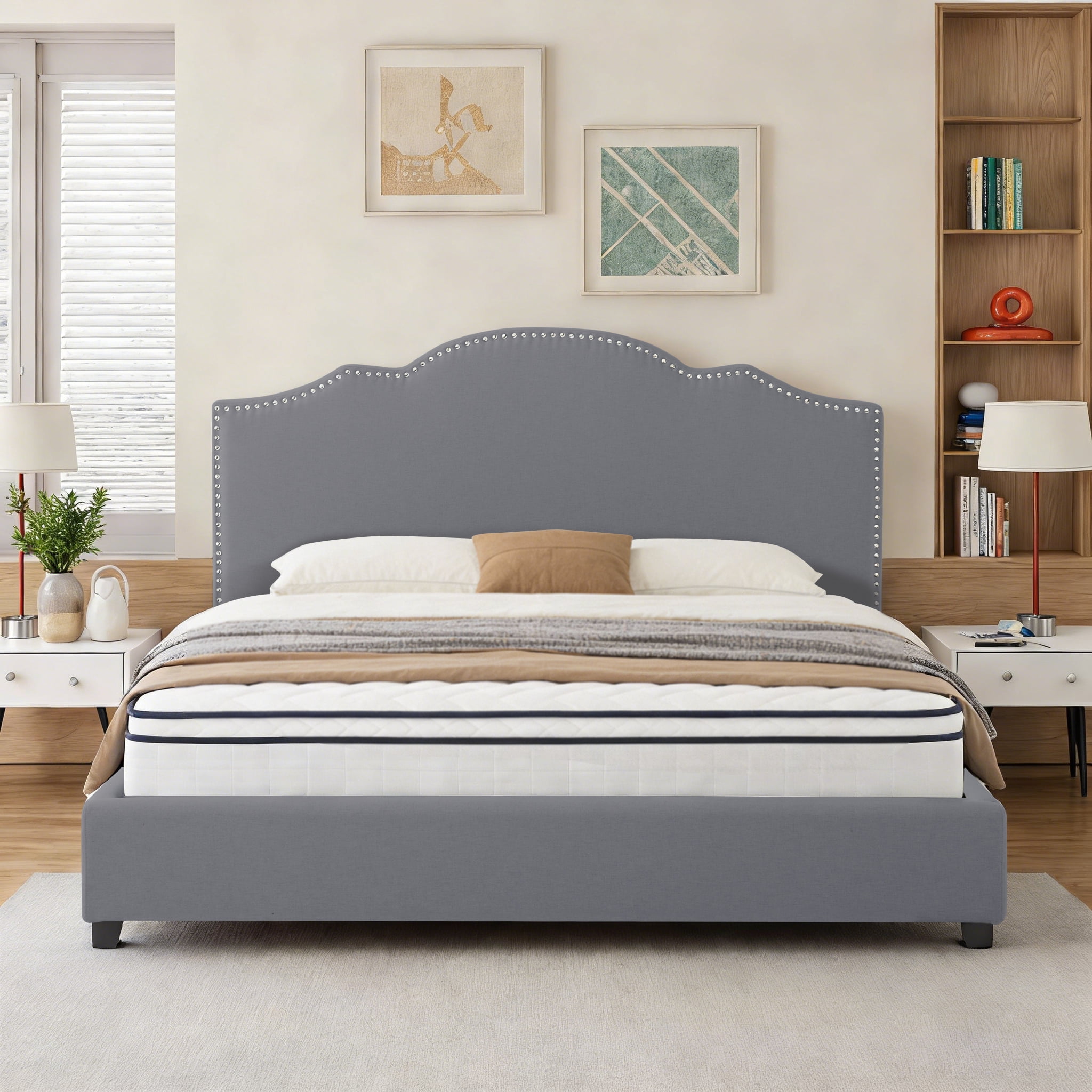 Gewnee King Bed Frame with 55"High Upholstered Headboard,Platform Bed Frame with Nail-Head Trim,No Box Spring Required,Modern Design for Bedroom,Dark Grey