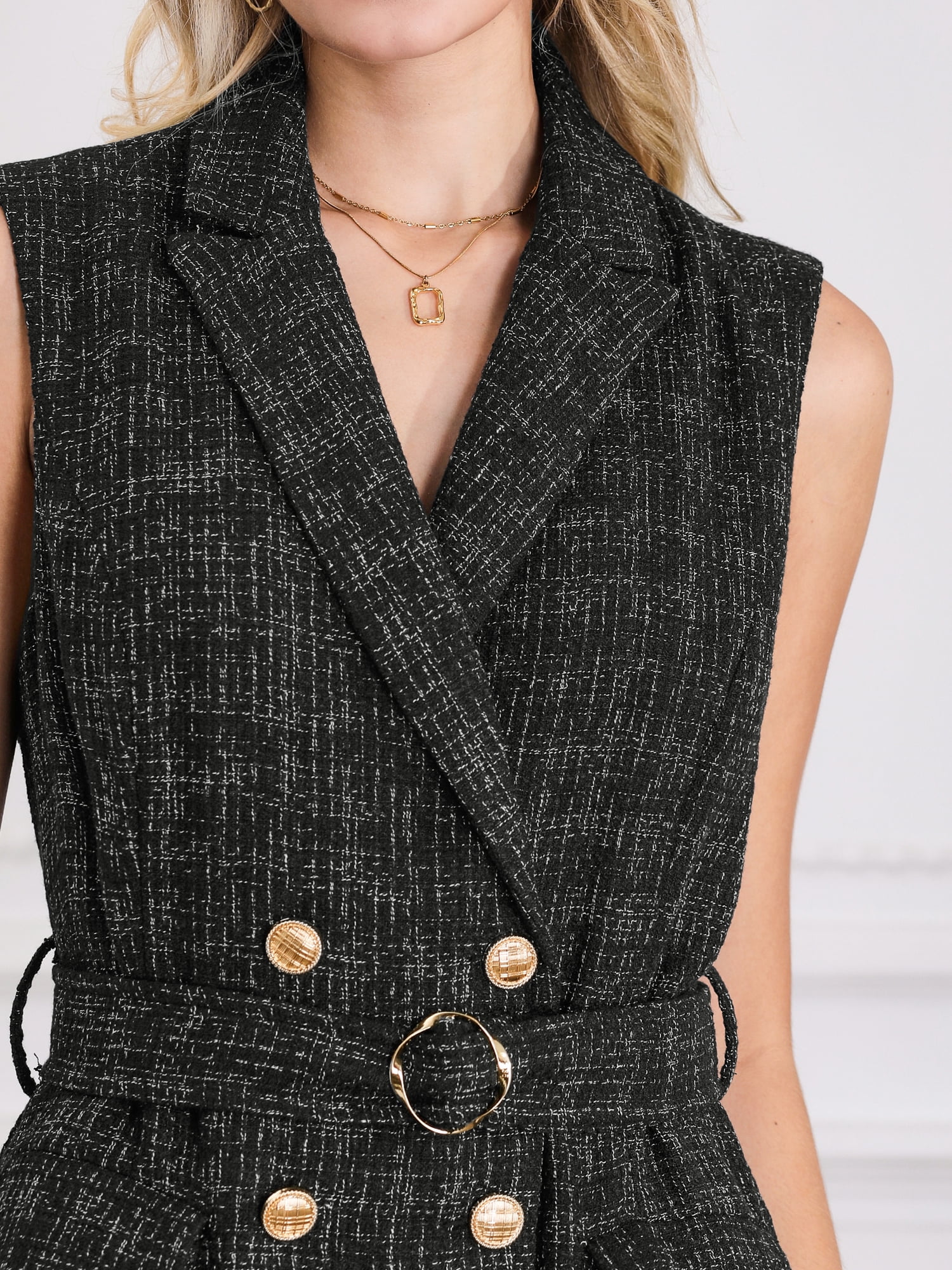 DARING DIVA Tweed Collared Belted Button Down Blazer Dress L Black