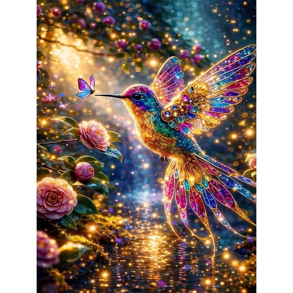 Hummingbird Diamond Art Kits for Adults,Butterfly Flower Diamond Art Kits for Beginner, DIY Full Drill Diamond Dot Gem Painting for Home Decor 12x16inch