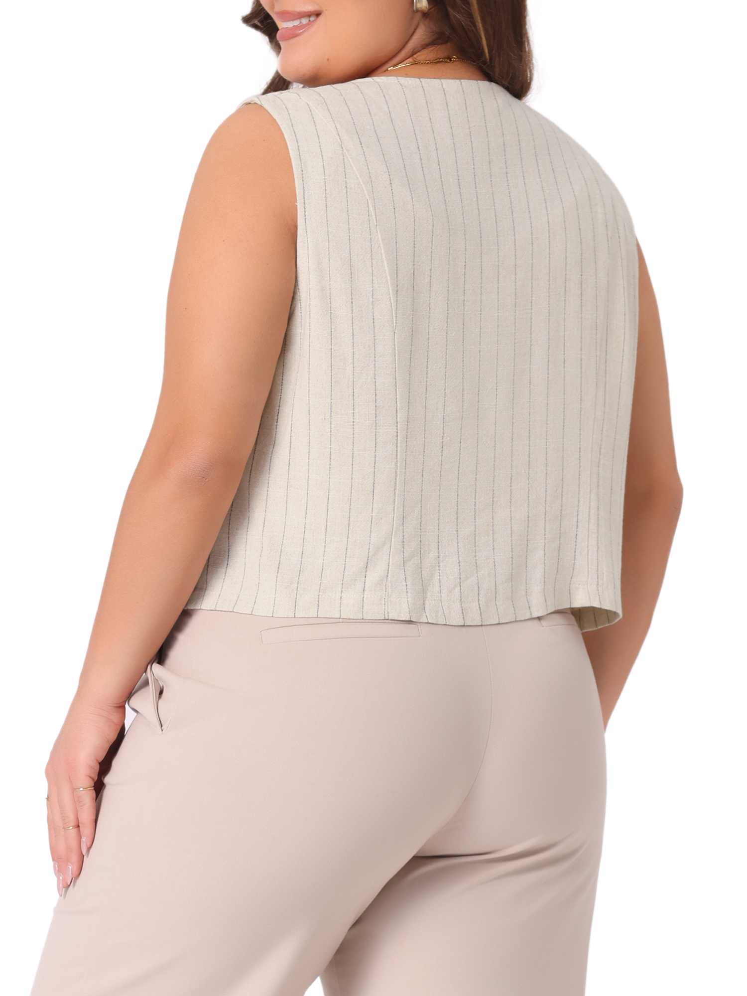 DARING DIVA Women's Plus Linen Vest Sleeveless Button Down V Neck Crop Top 1X Beige