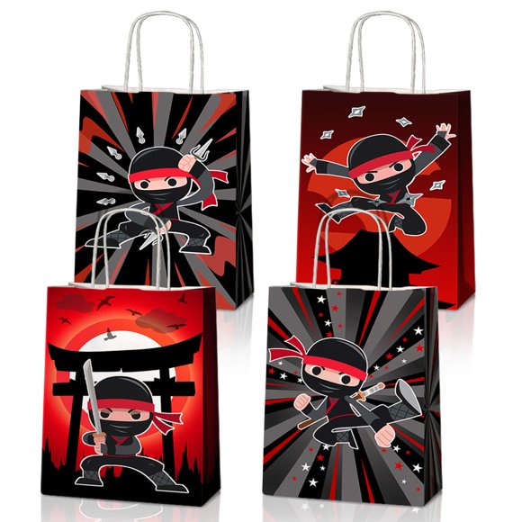 JOYGATHER - 24 bolsas de recuerdos de fiesta con asas, con temática de ninja, bolsas de dulces con 4 tipos diferentes para fiesta de cumpleaños