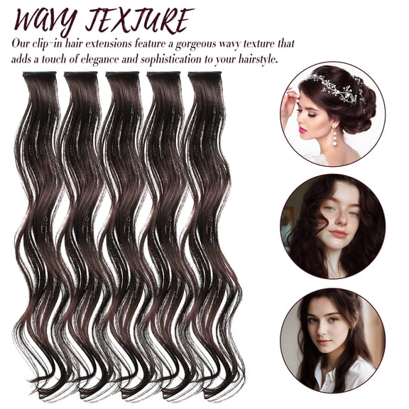 LOLIPPYY 5Pcs Dark Brown Hair Extensions Clip in Long Wavy Synthetic Hair Pieces for Styling