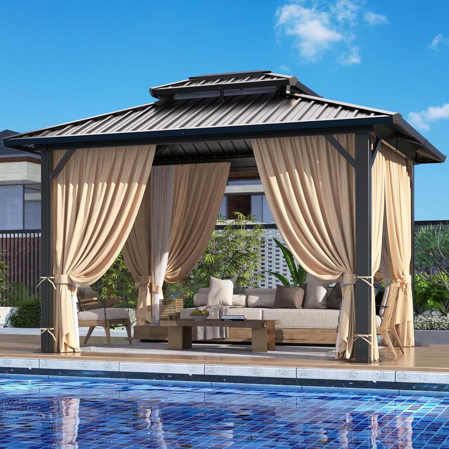 COBIZI 10x12 Hardtop Gazebo Aluminum Gazebos with Galvanized Steel Double Roof Metal Gazebo with Curtains and Netting Permanent Steel Gazebo for Backyard, Garden and Patio, Brown