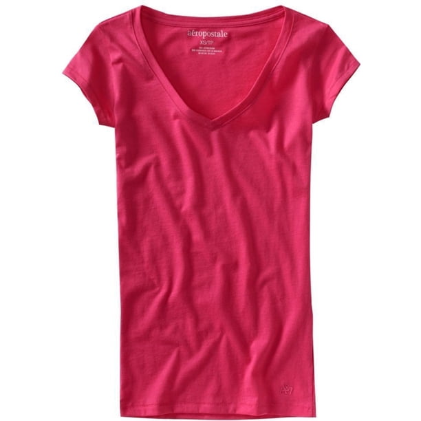 Aeropostale Camiseta básica con cuello en V liso liso para mujer, rosa, grande