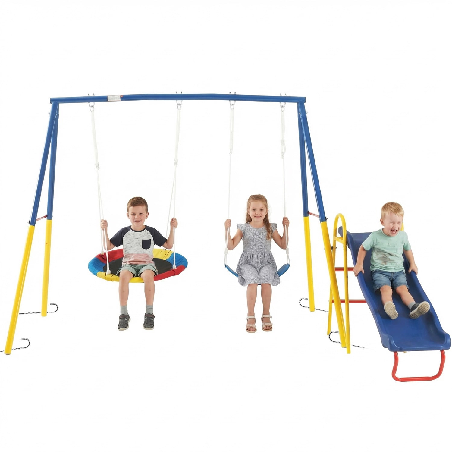 Hommoo 3 in 1 Swing Sets with Kids Slide Saucer Swing & Belt Swings Seat, Outdoor Heavy-Duty Metal Playset Swing Set for Backyard, Blue