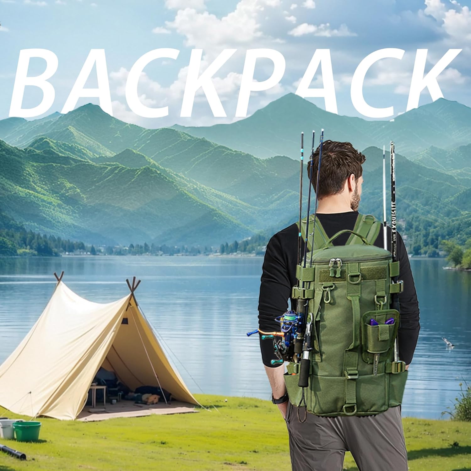 Fishing Backpack with Rod Holder, Water-Resistant Fishing Tackle Backpack, Hiking backpack, Bag Sling Tackle Storage Backpack, Lightweight Fishing Gear Bag for Hiking, Camping, Kayak, Outdoor Trip