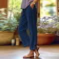 thumbnail image 2 of Lumtrix Linen Pants Women Petite Straight Leg Summer Beach Cotton Linen Wide Leg Lounge Pants High Waisted Casual Plus Size Trousers Navy M, 2 of 5