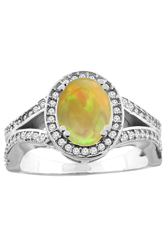 14k White Gold Diamond Halo Genuine Ethiopian Opal Ring Split Shank Oval 8x6mm, size 8.5