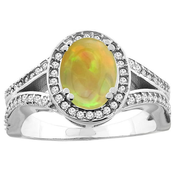 14k White Gold Diamond Halo Genuine Ethiopian Opal Ring Split Shank Oval 8x6mm, size 7