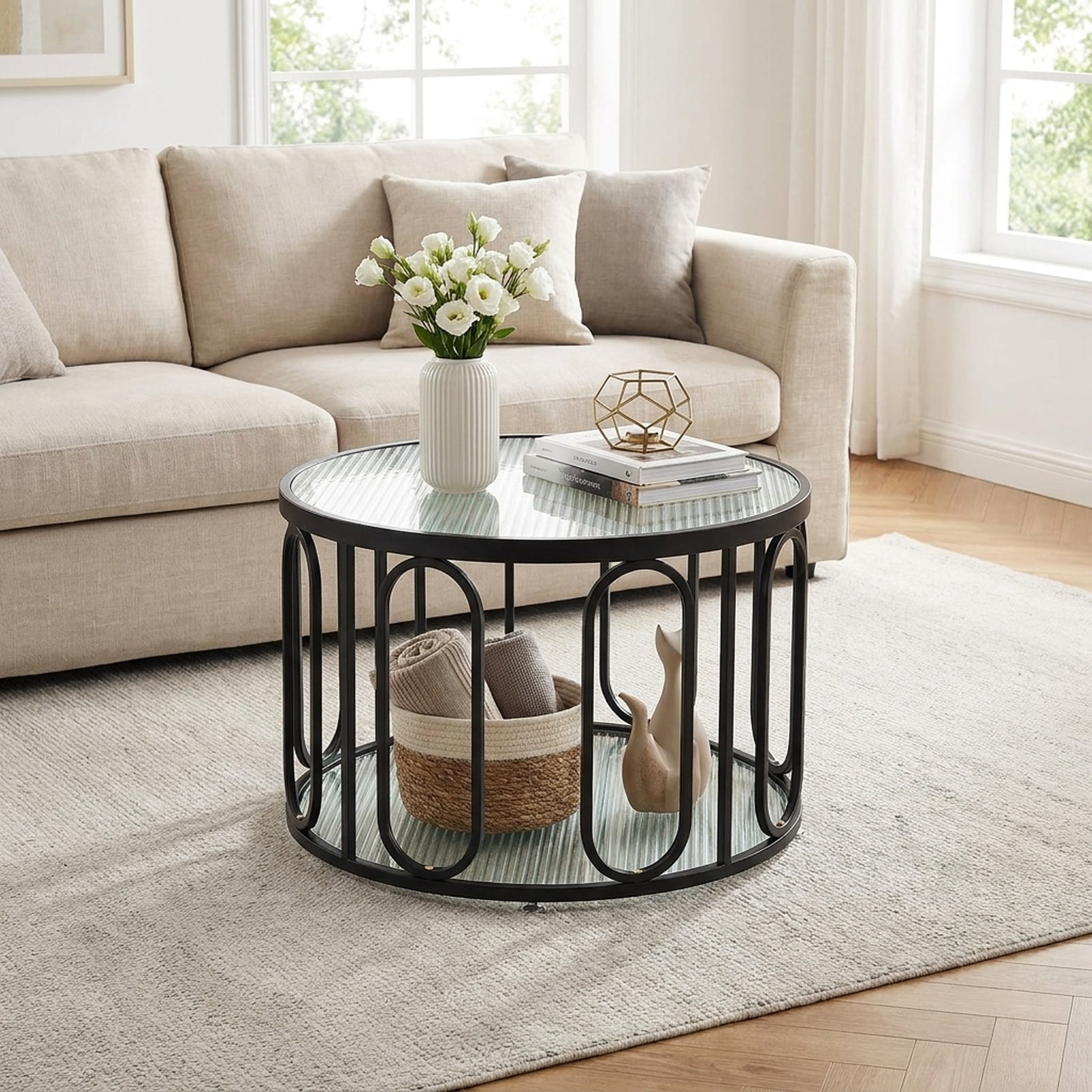 Furnibear 24 Inch Round Coffee Table with Reeded Tempered Glass Top and Oval Swivel Brackets a Modern Small Living Room Glass Center Table, Black