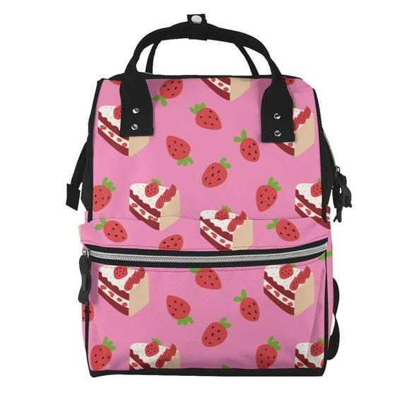 Ratiio Strawberry Cake Mummy Backpack - Waterproof Twill Canvas, Large Capacity Diaper Bag with Multiple Pockets and Adjustable Straps