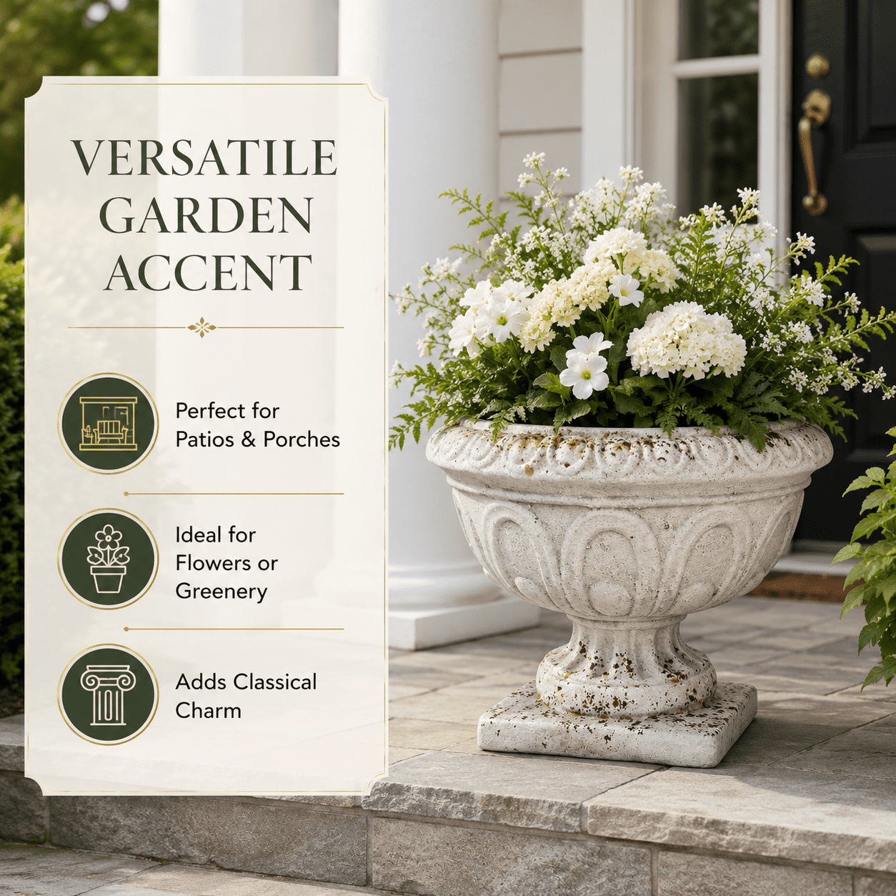 Aukfa Large MGO Garden Urn Planter, Outdoor Tall Decorative Stone-Look Flower Pot with Drainage Hole & Weather-Resistant, White